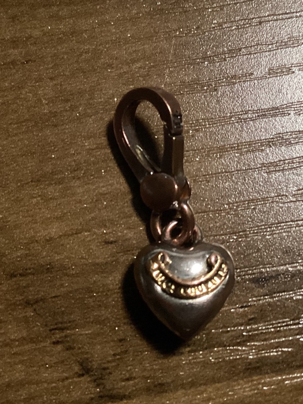Juicy Couture heart charm Faded silver tone Lobster clasp Engraved logo